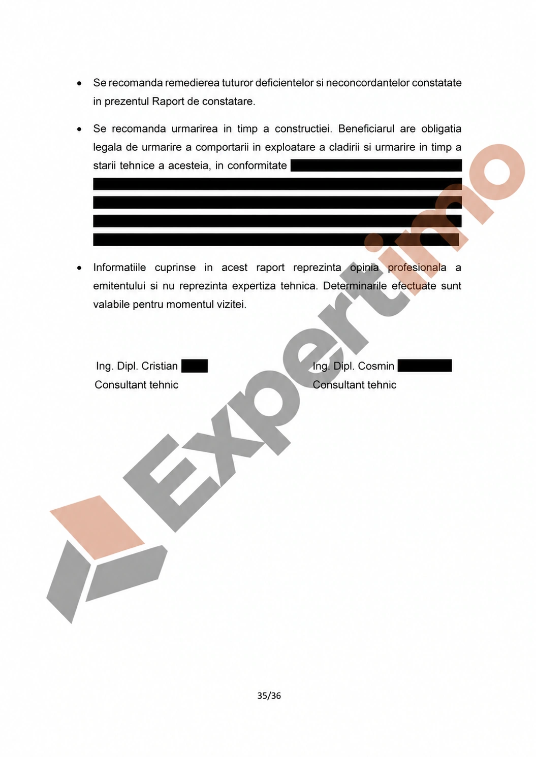 Raport complet: model de constatare cu 36 de pagini 35 Raport complet de constatare, pagina 35